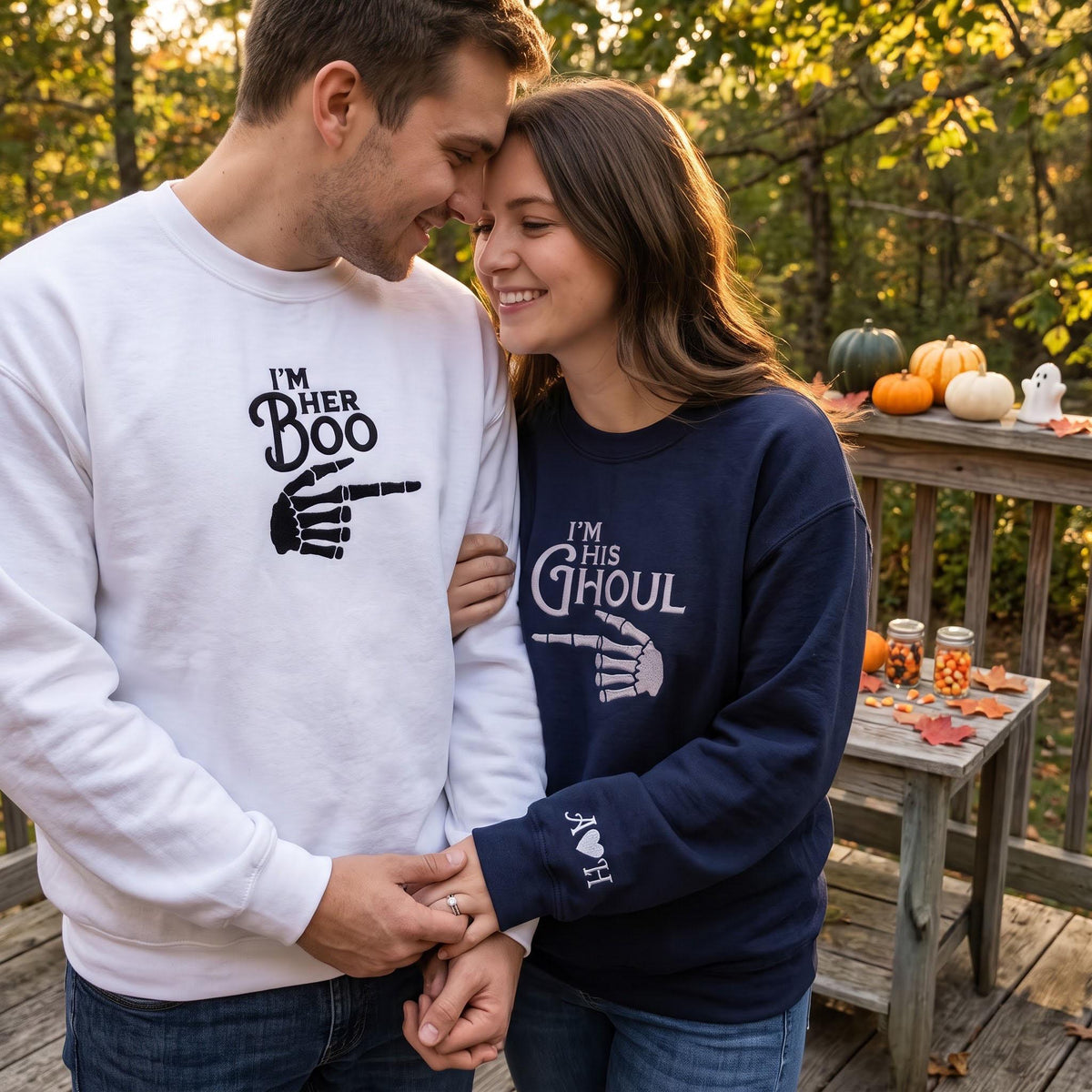Custom Matching Halloween Couple Sweatshirt, Im His Ghoul Her Boo Skeleton Sleeve Crewneck