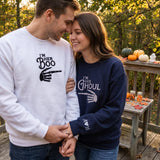 Custom Matching Halloween Couple Sweatshirt, Im His Ghoul Her Boo Skeleton Sleeve Crewneck