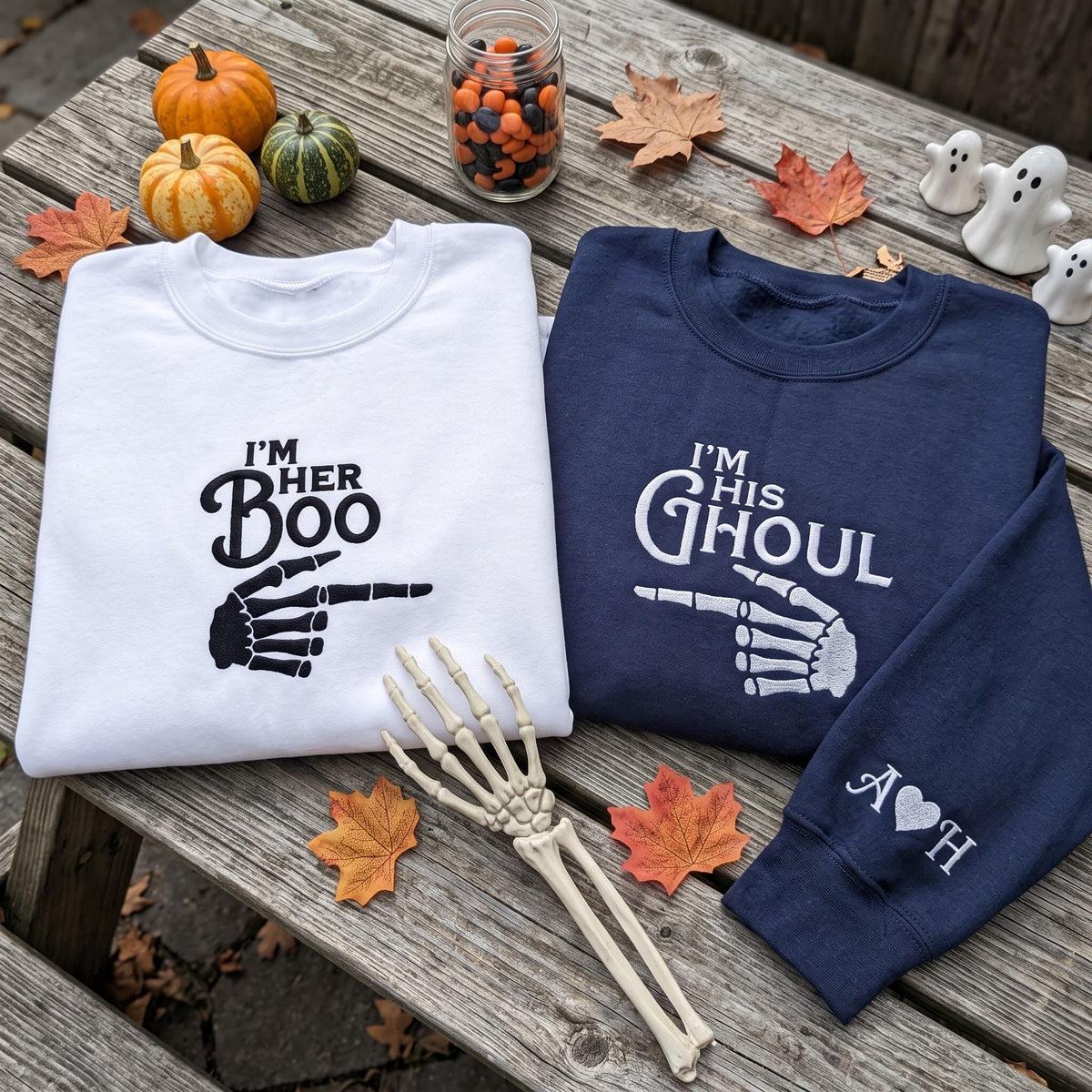 Custom Matching Halloween Couple Sweatshirt, Im His Ghoul Her Boo Skeleton Sleeve Crewneck