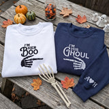 Custom Matching Halloween Couple Sweatshirt, Im His Ghoul Her Boo Skeleton Sleeve Crewneck