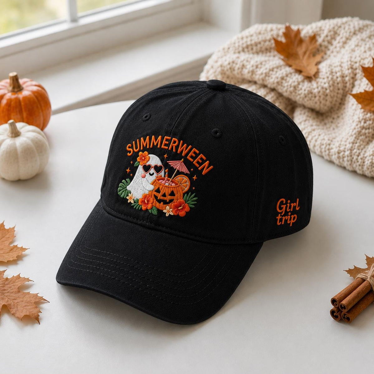 Tropical Ghost Embroidered Hat, Cute Beach Halloween Baseball Cap, Pumpkin Summer Gift