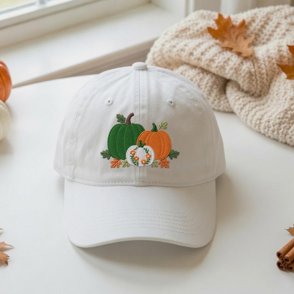 Floral Pumpkin Trio Embroidered Hat, Autumn Harvest Baseball Cap, Fall Thanksgiving Gift