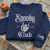 Custom Name Sleeve Spooky Club Est 1693 Sweatshirt, Embroidered Skeleton Hand Sweater, Halloween Group Shirt, Spooky Season Fall Gift