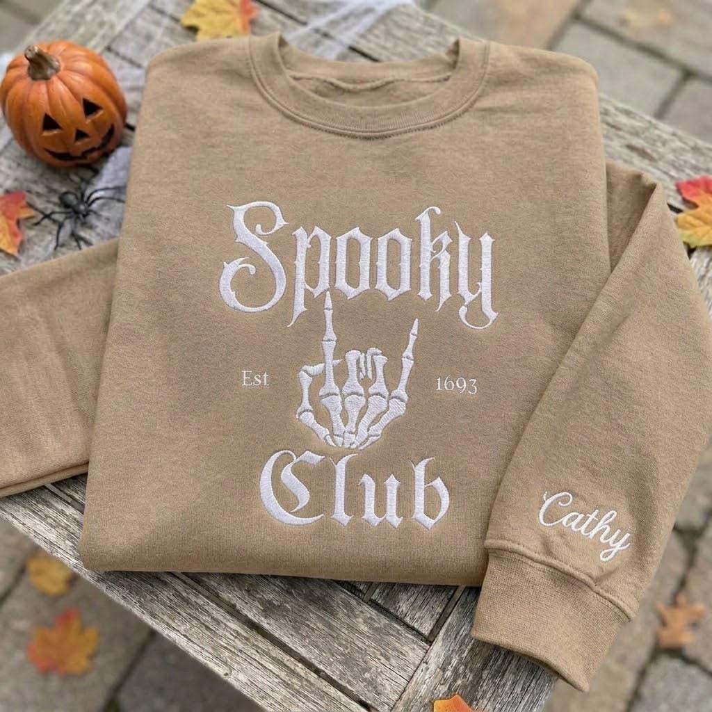 Custom Name Sleeve Spooky Club Est 1693 Sweatshirt, Embroidered Skeleton Hand Sweater, Halloween Group Shirt, Spooky Season Fall Gift