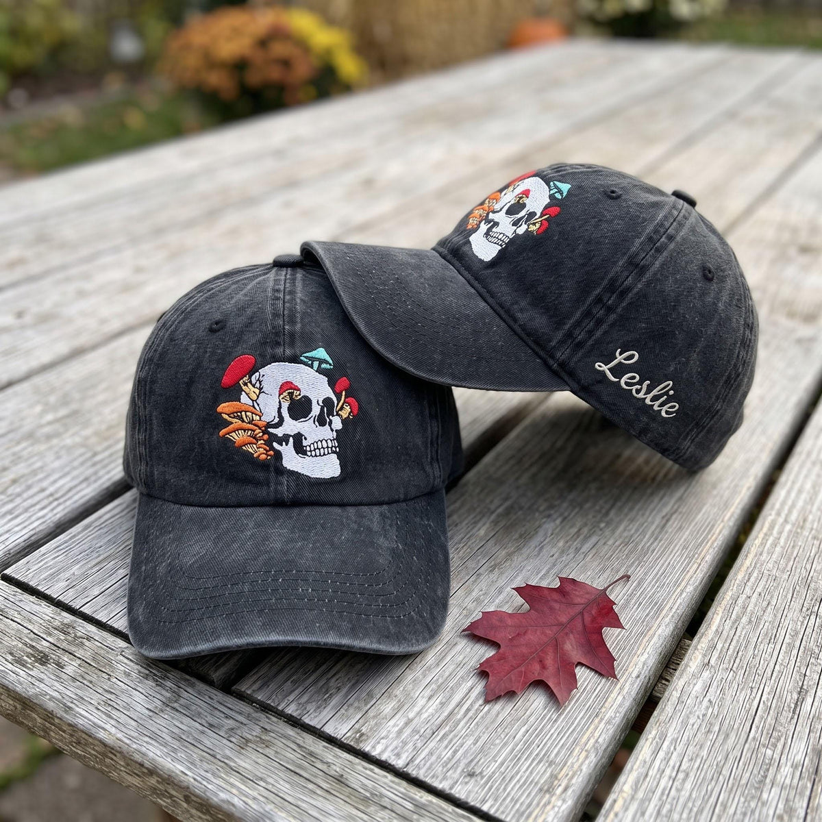 Custom Name Mushroom Skull Embroidered Hat, Goth Botanical Skeleton Dad Hat, Vintage Washed Cotton Baseball Cap, Halloween Nature Gift