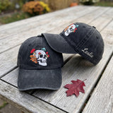 Custom Name Mushroom Skull Embroidered Hat, Goth Botanical Skeleton Dad Hat, Vintage Washed Cotton Baseball Cap, Halloween Nature Gift
