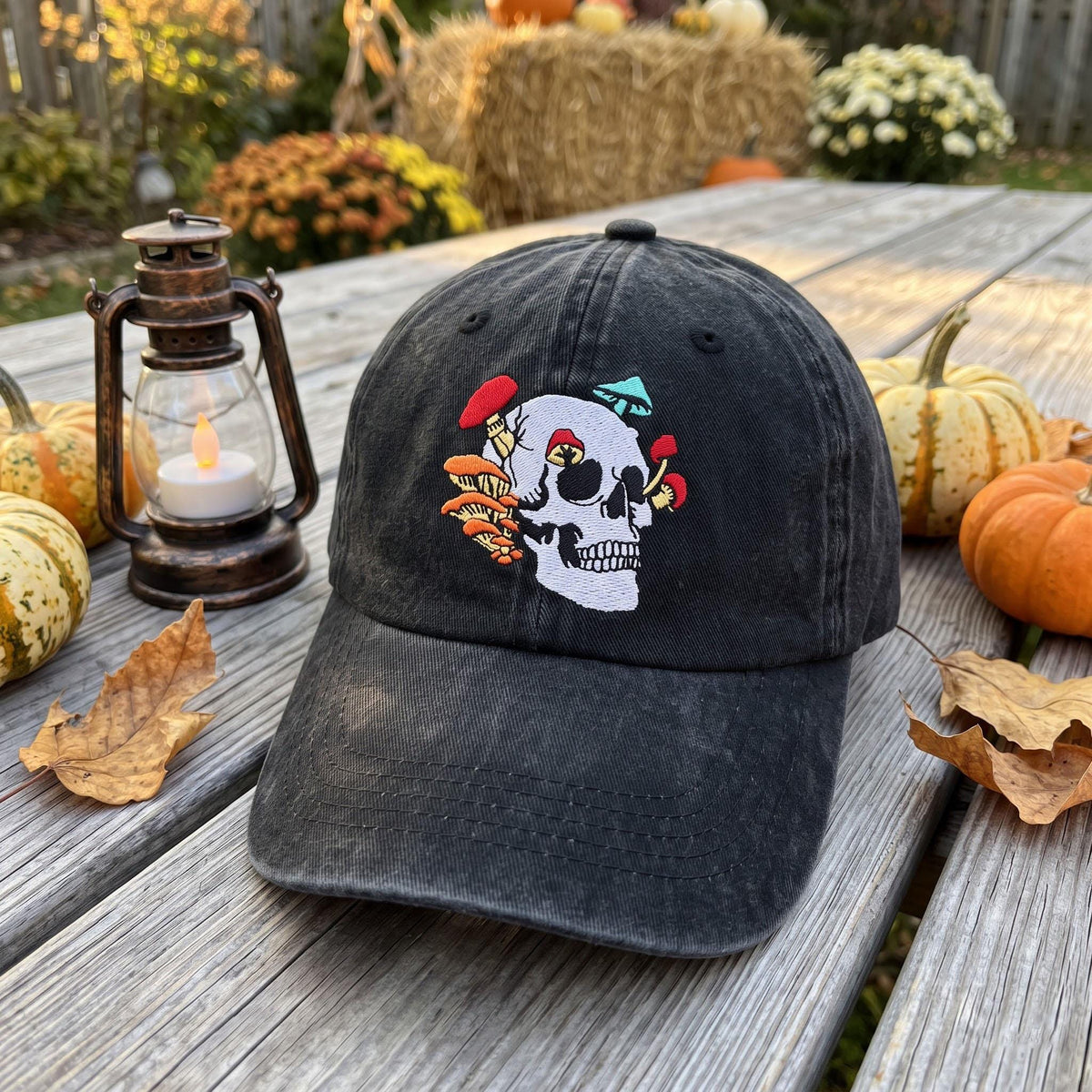 Custom Name Mushroom Skull Embroidered Hat, Goth Botanical Skeleton Dad Hat, Vintage Washed Cotton Baseball Cap, Halloween Nature Gift