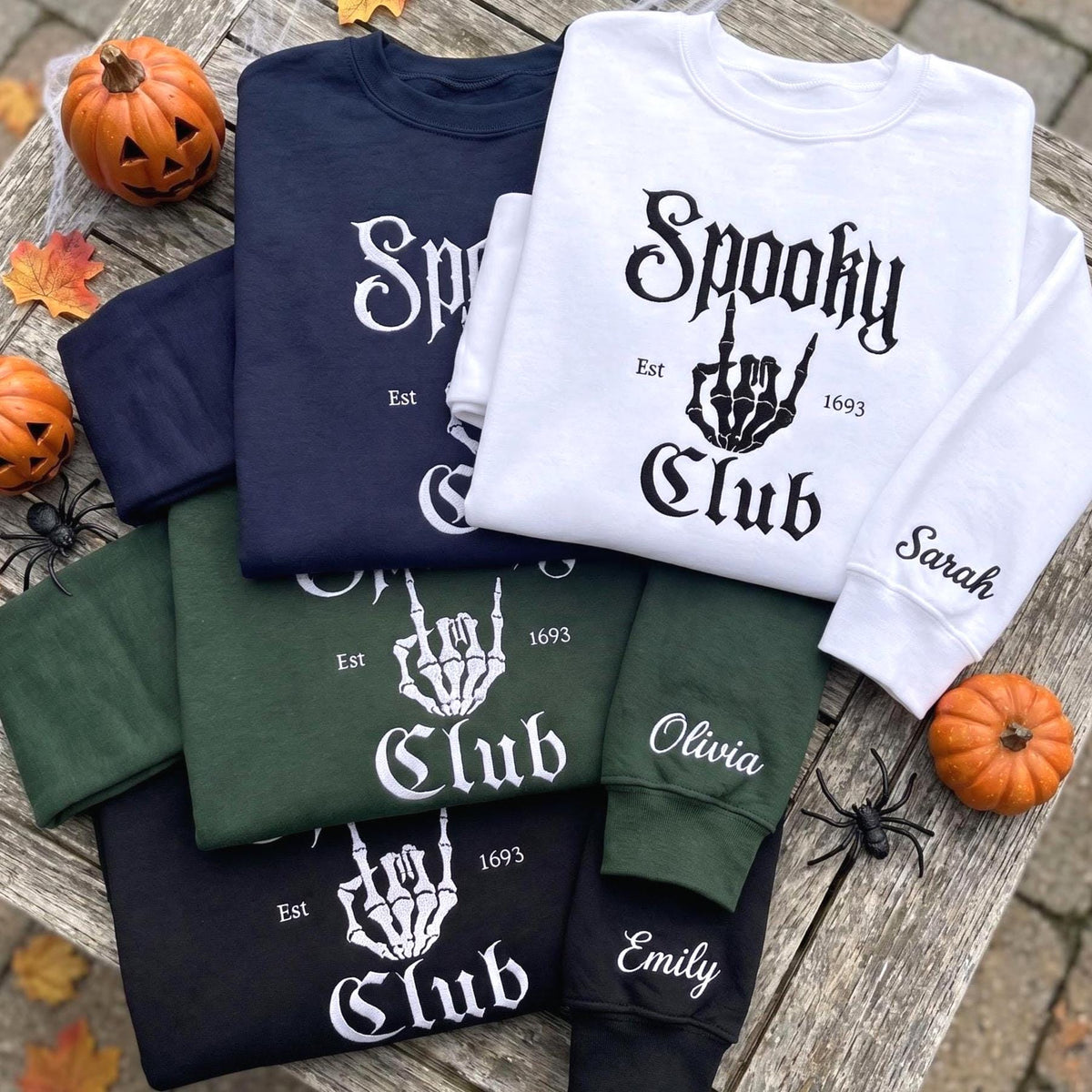 Custom Name Sleeve Spooky Club Est 1693 Sweatshirt, Embroidered Skeleton Hand Sweater, Halloween Group Shirt, Spooky Season Fall Gift