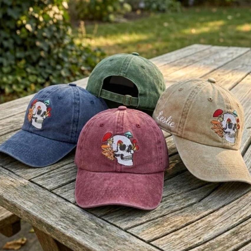 Custom Name Mushroom Skull Embroidered Hat, Goth Botanical Skeleton Dad Hat, Vintage Washed Cotton Baseball Cap, Halloween Nature Gift