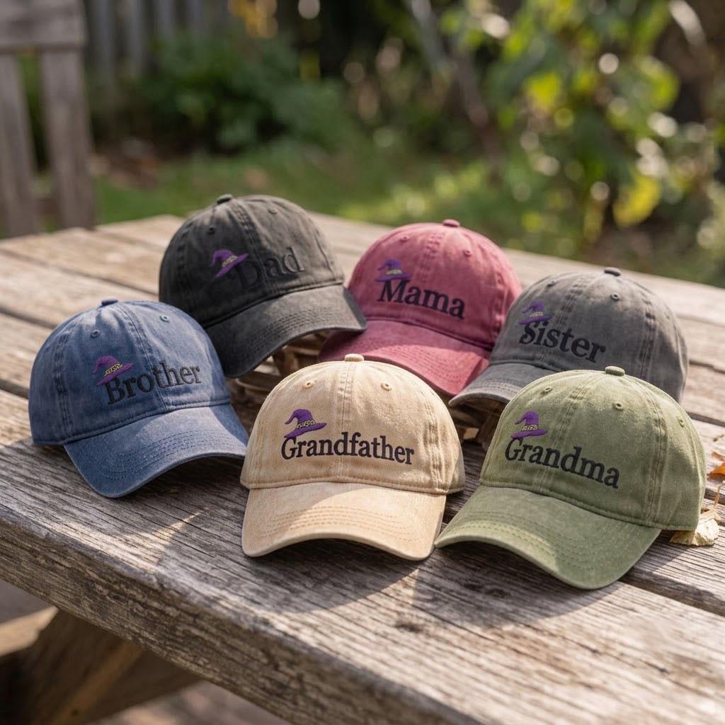 Custom Family Halloween Embroidered Hat, Personalized Witch Hat Mama Dad Brother Sister Baseball Cap, Spooky Season Green Dad Hat Gift