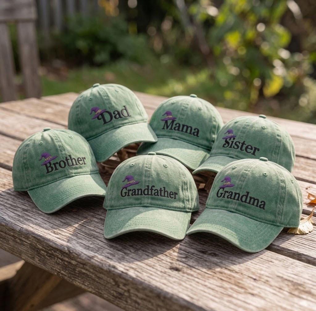 Custom Family Halloween Embroidered Hat, Personalized Witch Hat Mama Dad Brother Sister Baseball Cap, Spooky Season Green Dad Hat Gift