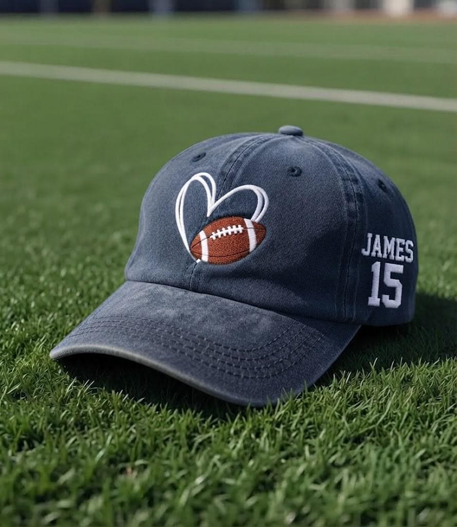 Custom Football Heart Embroidered Hat - Personalized Name & Number Cap