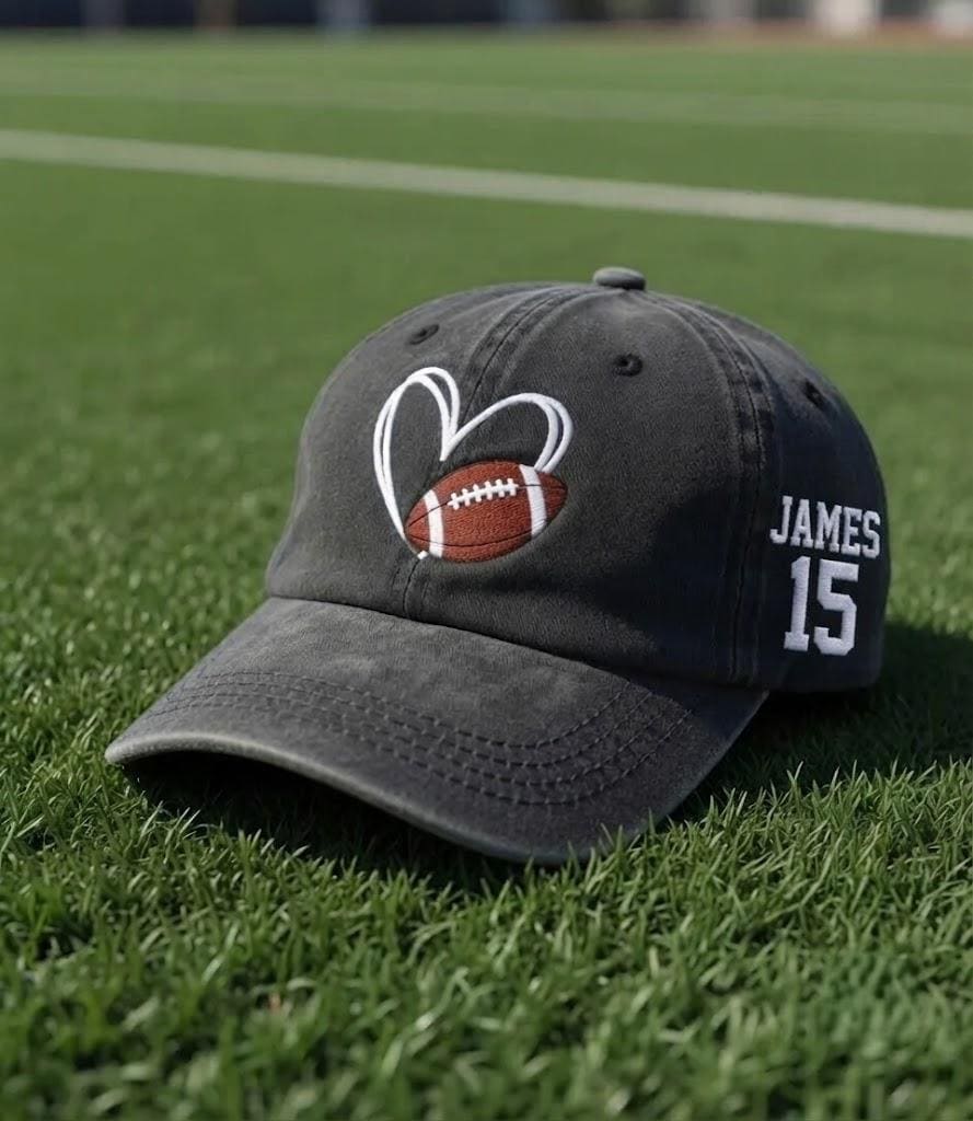 Custom Football Heart Embroidered Hat - Personalized Name & Number Cap