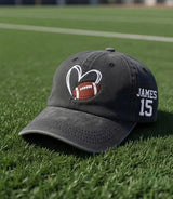Custom Football Heart Embroidered Hat - Personalized Name & Number Cap