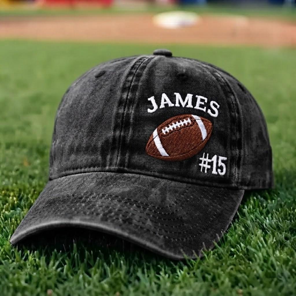 Custom Football Name & Number Embroidered Hat - Vintage Game Day Dad Cap