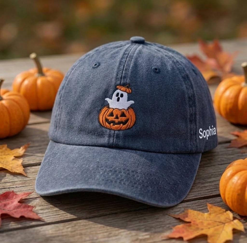 Custom Name Ghost Pumpkin Embroidered Hat, Personalized Halloween Ghost Dad Hat, Cute Spooky Season Baseball Cap, Halloween Gift
