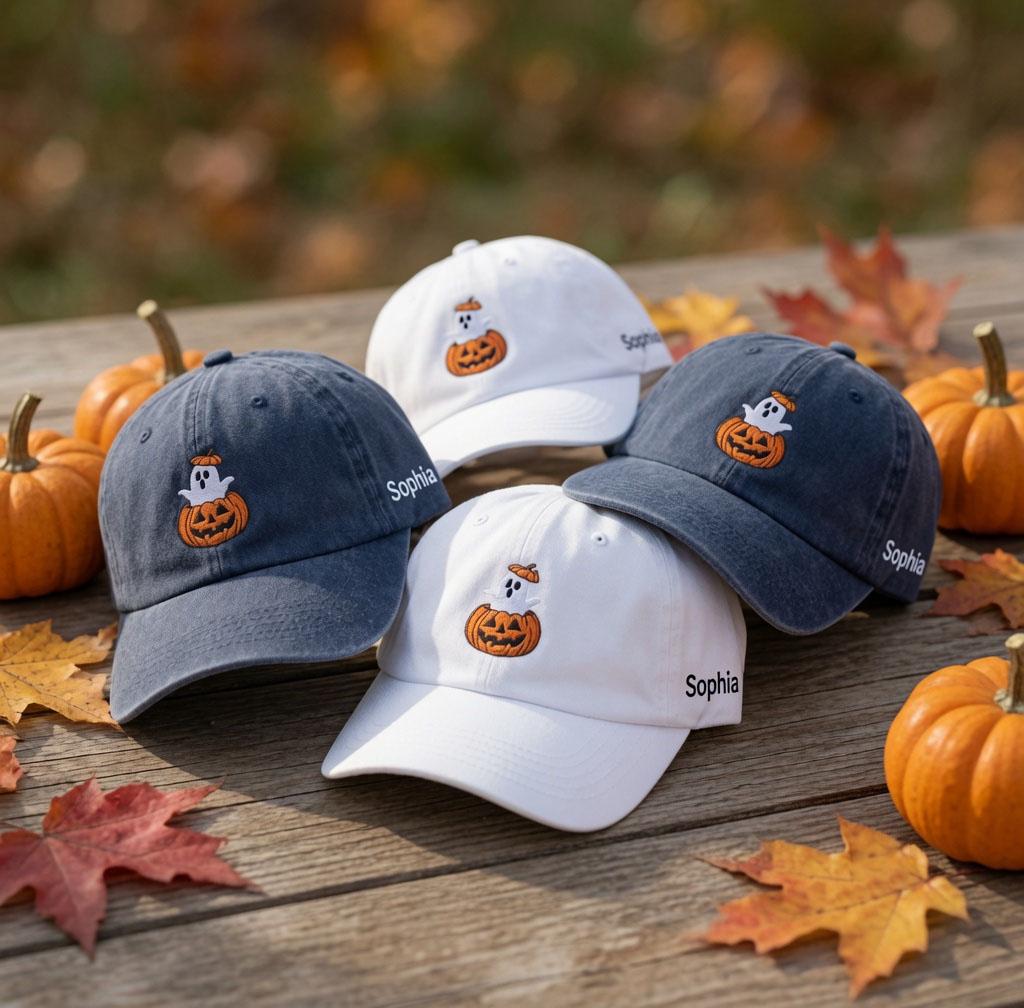 Custom Name Ghost Pumpkin Embroidered Hat, Personalized Halloween Ghost Dad Hat, Cute Spooky Season Baseball Cap, Halloween Gift