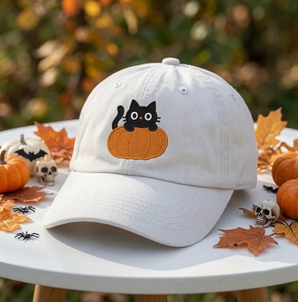 Custom Black Cat Pumpkin Embroidered Hat, Cute Halloween Cat White Baseball Cap, Personalized Spooky Season Dad Hat, Cat Lover Gift
