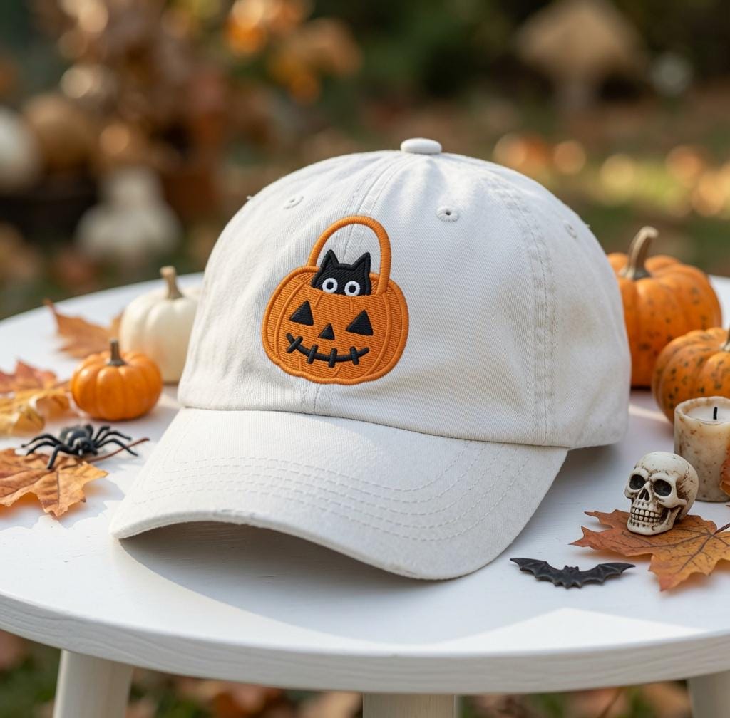 Custom Black Cat Pumpkin Embroidered Hat, Cute Halloween Cat White Baseball Cap, Personalized Spooky Season Dad Hat, Cat Lover Gift