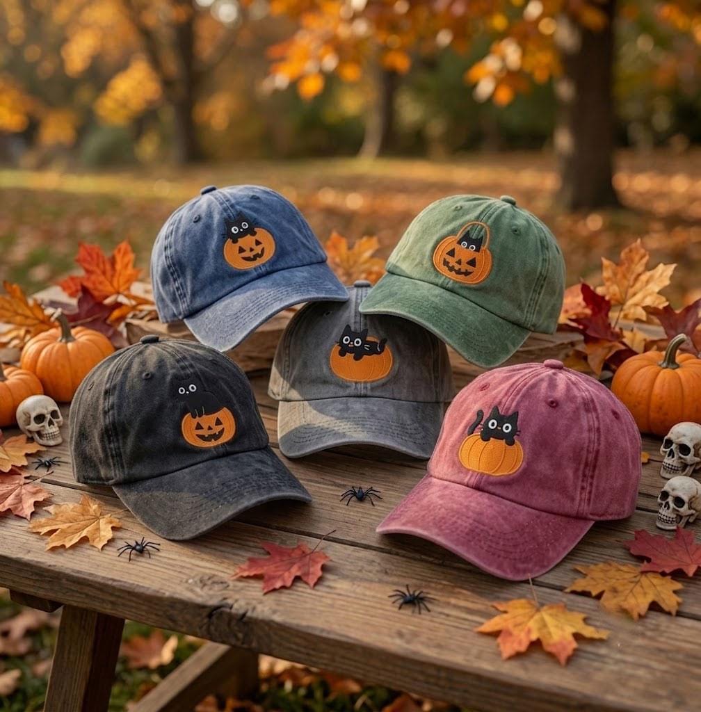 Custom Black Cat Pumpkin Embroidered Hat, Cute Halloween Cat White Baseball Cap, Personalized Spooky Season Dad Hat, Cat Lover Gift
