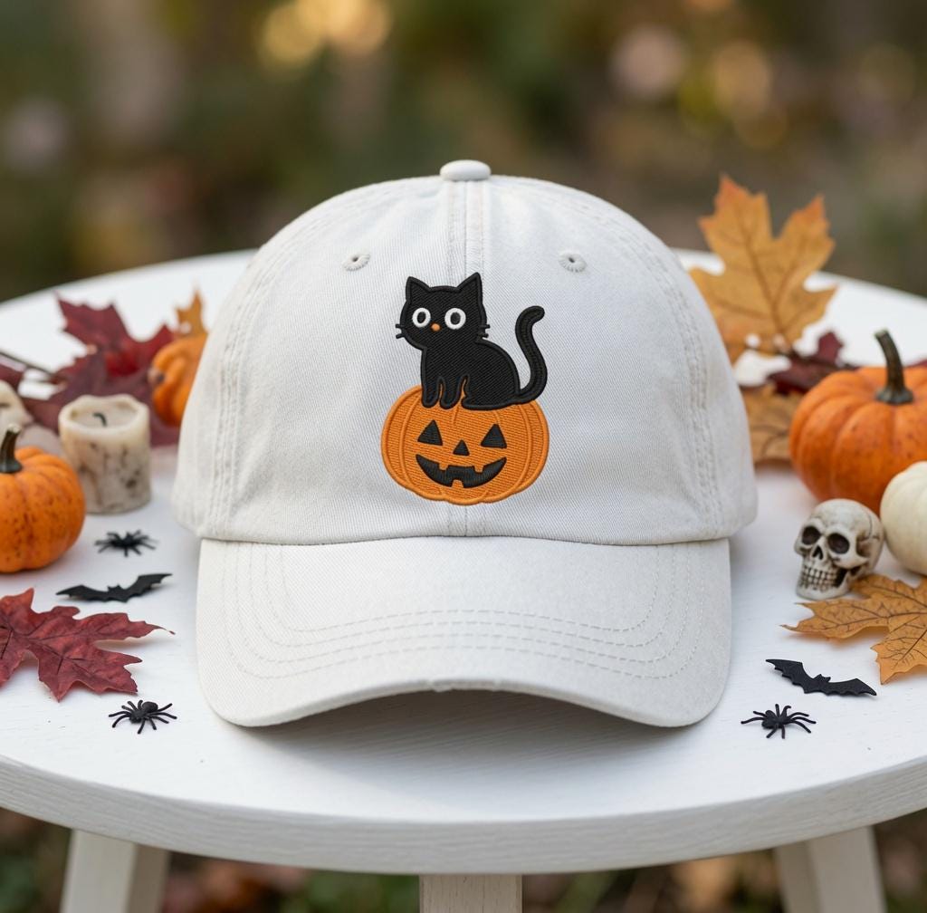 Custom Black Cat Pumpkin Embroidered Hat, Cute Halloween Cat White Baseball Cap, Personalized Spooky Season Dad Hat, Cat Lover Gift