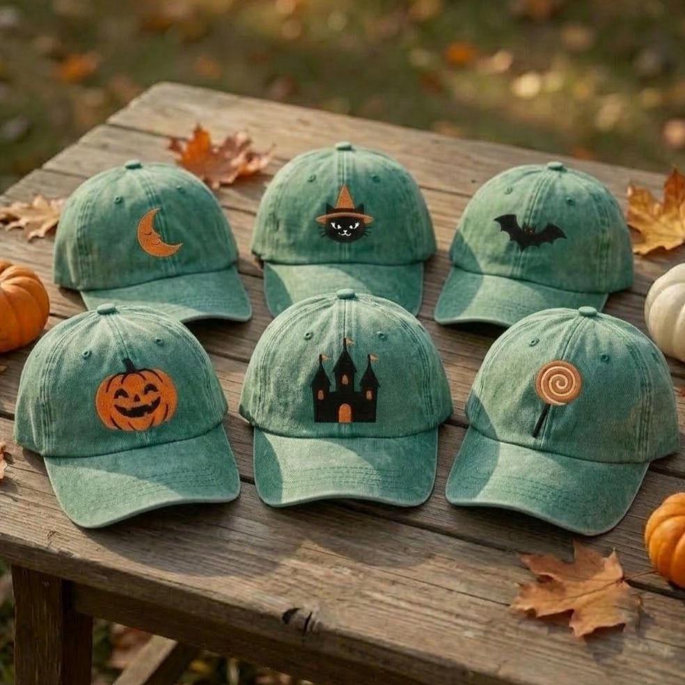 Custom Halloween Embroidered Hat, Vintage Pumpkin Bat Witch Cat Haunted Castle Baseball Cap, Spooky Season Dad Hat Gift