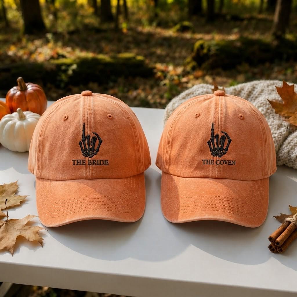 Skeleton Hand Bride Embroidered Hat, Halloween Bachelorette Baseball Cap, Spooky Bridal Party Gift