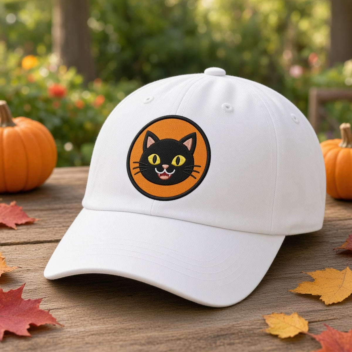 Custom Halloween Patch Embroidered Hat, Cute Spooky Season White Dad Hat, Black Cat Skull Witch Bat Baseball Cap, Autumn Fall Gift