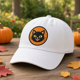 Custom Halloween Patch Embroidered Hat, Cute Spooky Season White Dad Hat, Black Cat Skull Witch Bat Baseball Cap, Autumn Fall Gift