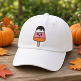 Custom Spooky Ice Cream Embroidered Hat, Cute Halloween Popsicle Dad Hat, White Baseball Cap, Pastel Goth Sweet Treat Fall Season Gift