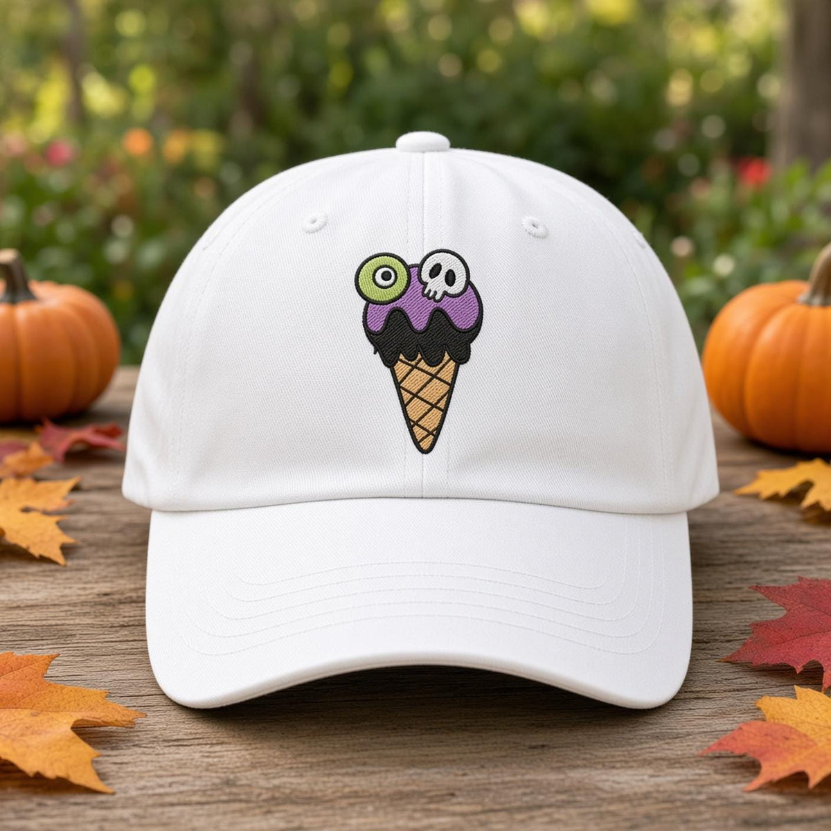 Custom Spooky Ice Cream Embroidered Hat, Cute Halloween Popsicle Dad Hat, White Baseball Cap, Pastel Goth Sweet Treat Fall Season Gift