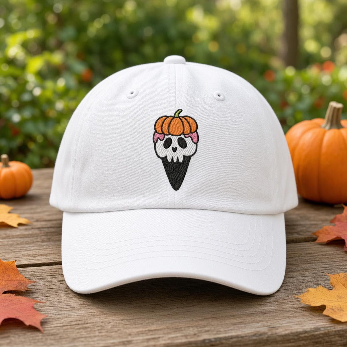 Custom Spooky Ice Cream Embroidered Hat, Cute Halloween Popsicle Dad Hat, White Baseball Cap, Pastel Goth Sweet Treat Fall Season Gift
