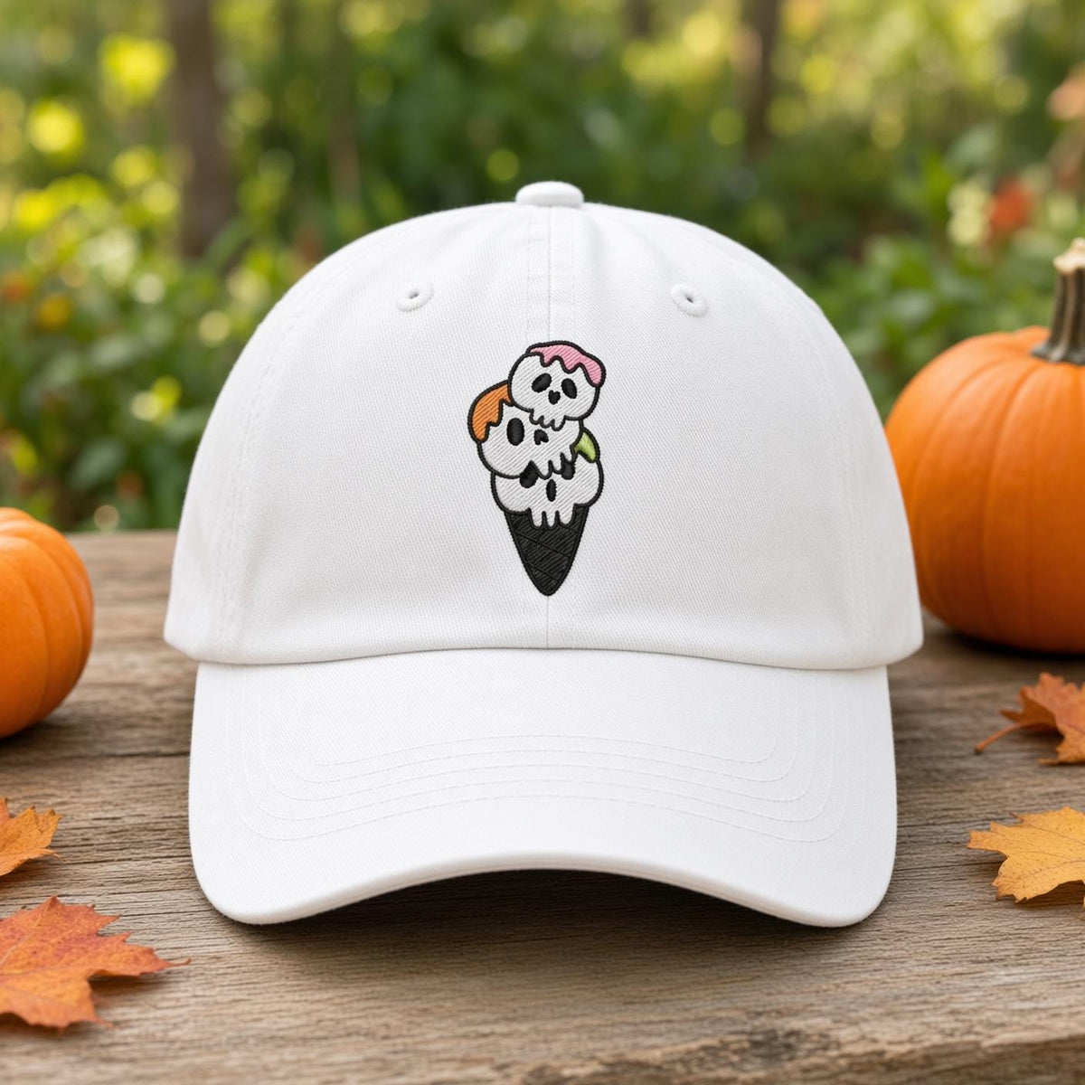 Custom Spooky Ice Cream Embroidered Hat, Cute Halloween Popsicle Dad Hat, White Baseball Cap, Pastel Goth Sweet Treat Fall Season Gift