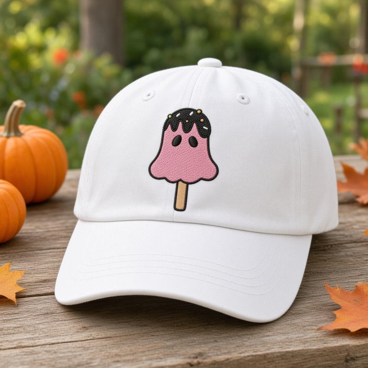 Custom Spooky Ice Cream Embroidered Hat, Cute Halloween Popsicle Dad Hat, White Baseball Cap, Pastel Goth Sweet Treat Fall Season Gift