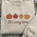 Custom It's Cozy Time Sweatshirt, Embroidered Fall Autumn Leaves Sleeve Name Crewneck