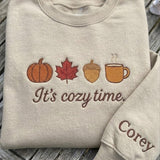 Custom It's Cozy Time Sweatshirt, Embroidered Fall Autumn Leaves Sleeve Name Crewneck