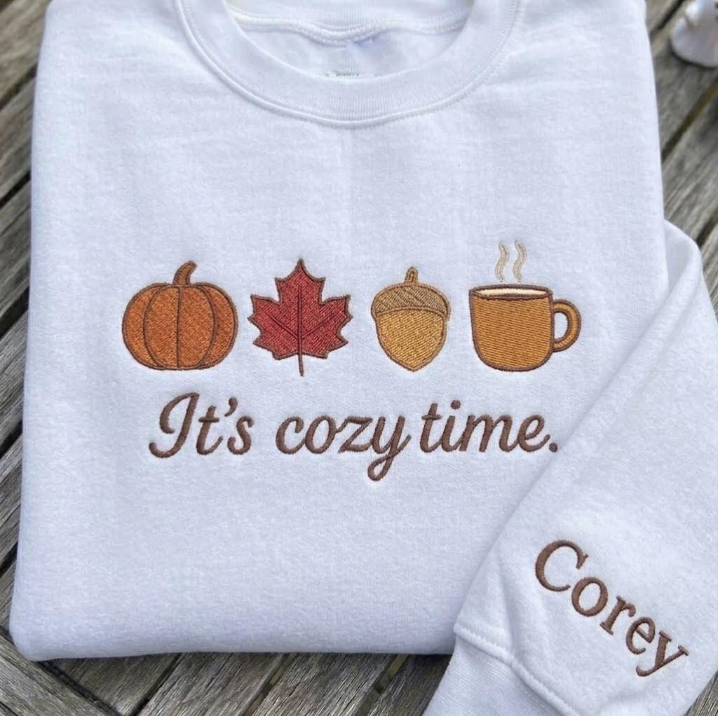 Custom It's Cozy Time Sweatshirt, Embroidered Fall Autumn Leaves Sleeve Name Crewneck