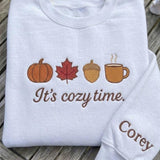 Custom It's Cozy Time Sweatshirt, Embroidered Fall Autumn Leaves Sleeve Name Crewneck