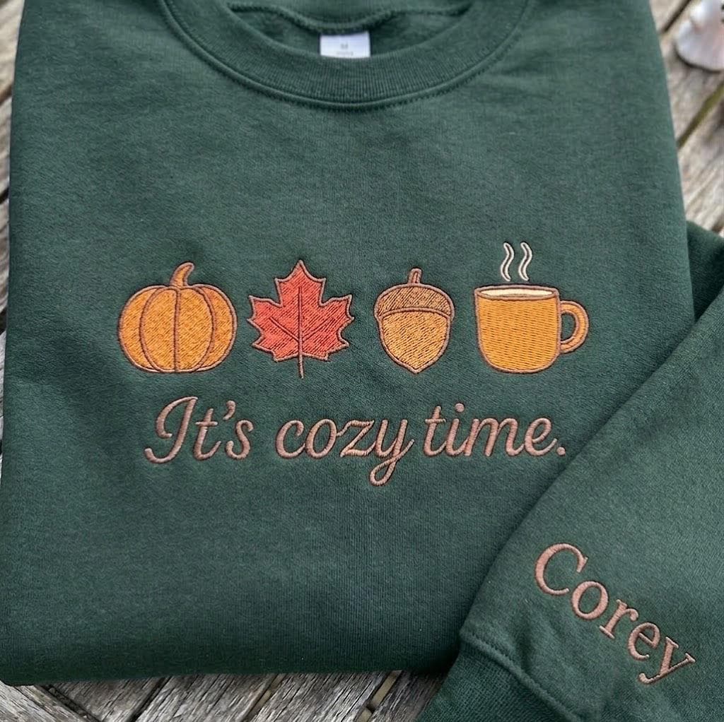 Custom It's Cozy Time Sweatshirt, Embroidered Fall Autumn Leaves Sleeve Name Crewneck