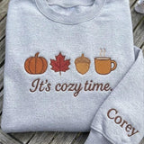 Custom It's Cozy Time Sweatshirt, Embroidered Fall Autumn Leaves Sleeve Name Crewneck