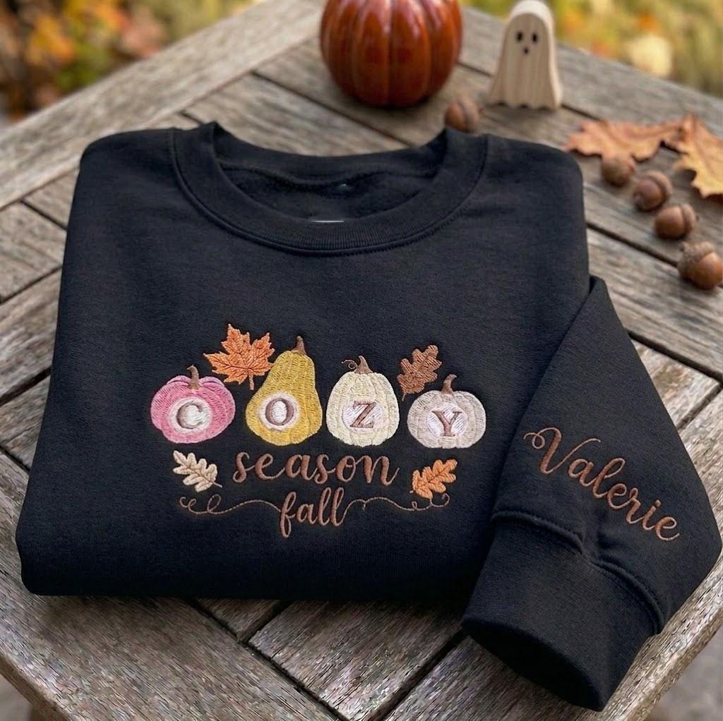 Custom Cozy Season Sweatshirt, Embroidered Pastel Pumpkin Sleeve Autumn Leaves Crewneck