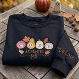 Custom Cozy Season Sweatshirt, Embroidered Pastel Pumpkin Sleeve Autumn Leaves Crewneck
