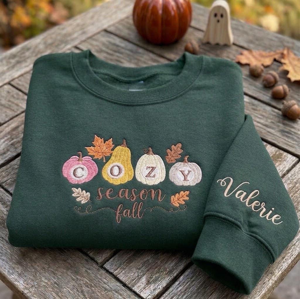 Custom Cozy Season Sweatshirt, Embroidered Pastel Pumpkin Sleeve Autumn Leaves Crewneck