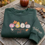 Custom Cozy Season Sweatshirt, Embroidered Pastel Pumpkin Sleeve Autumn Leaves Crewneck