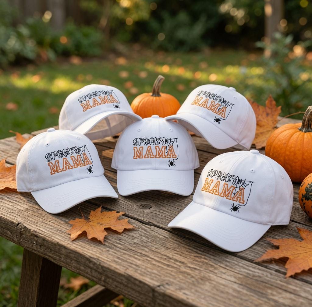 Custom Spooky Mama Embroidered Hat, Personalized Halloween Mom White Baseball Cap, Cute Spider Web Dad Hat, Spooky Season Gift for Her