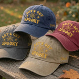 Custom Name Let's Get Spooky Embroidered Hat, Personalized Halloween Spider Web Baseball Cap, Washed Black Spooky Season Dad Hat Gift