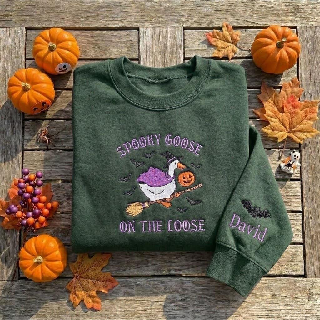 Custom Spooky Goose Embroidered Sweatshirt, Witch Goose On The Loose Sleeve Crewneck