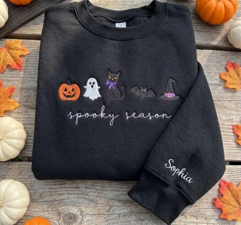 Custom Spooky Season Sweatshirt, Halloween Black Cat Ghost Pumpkin Sleeve Name Crewneck
