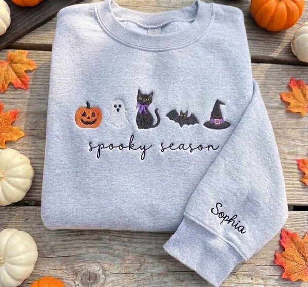 Custom Spooky Season Sweatshirt, Halloween Black Cat Ghost Pumpkin Sleeve Name Crewneck
