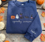 Custom Spooky Season Sweatshirt, Halloween Black Cat Ghost Pumpkin Sleeve Name Crewneck